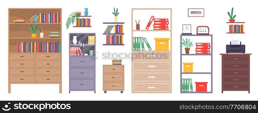 Set of office furniture. Wooden and metal cabinets, cupboards, shelves with folders, documents boxes, drawers, potted plants vases, stationery pendulum, clock, printer. Office furniture, workspace.. Office cabinets, lockers, shelves, shelving with folders, documents. Lots of office furniture