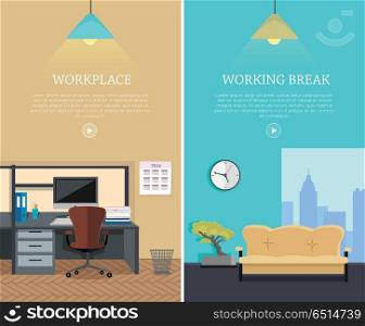 Set of Office Interior Web Banners in Flat Design. Set of workplace and working break horizontal web banners in flat style. Bright office interior design with modern furniture, plants and urban view from window. Comfortable place for work and rest.