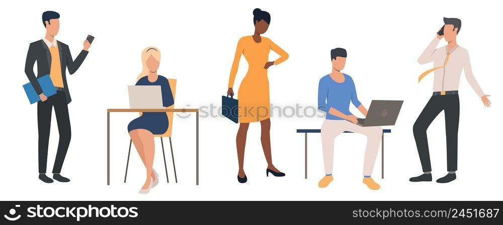 Set of office managers. Group of business people working on laptops or smartphones. Vector illustration can be used for presentation, marketing project, advertisement. Set of office managers