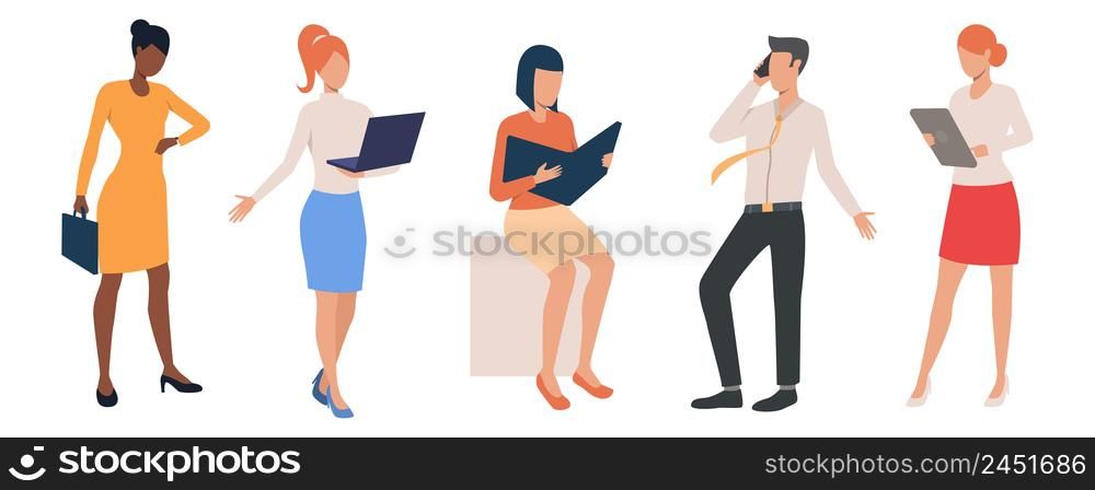 Set of office managers in red clothes. Business people wearing formal clothes in various positions and situations. Vector illustration can be used for presentation, brochure, commercial. Set of office managers in red clothes