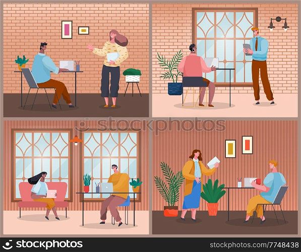 Set of office space with employees. Office staff works and communicates. Colleagues collaborate, gossip, coffee break, discussion news. Cozy room, desks, computers, potted plants, photos, windows. Employees work in office building. Heads, managers, subordinates. Office staff during workflow