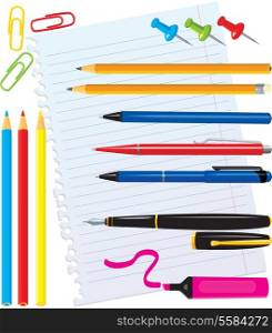 Set of office stationery - pens, color pencils, marker, paper clips, thumbtacks
