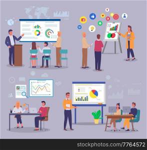 Set of office workers images engaged in analytical data. Analysts study charts, pie and bar charts, growth, consumer demand, variety of colored boards with analytics. World trade, supply demand. Marketers study analytical data, customer demand, pie and bar charts, charts, graphs. World trade