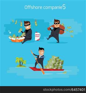 Set of Offshore Companies Concepts Illustration. Offshore companies concept vector. Flat design. Financial crime, tax evasion, money laundering, political corruption illustration. Man in a business suit, in mask launderers, hides and takes money.