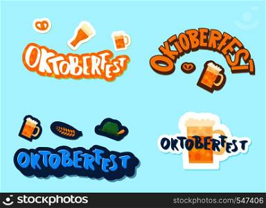 Set of Oktoberfest lettering composition. Handwritten text with stickers decoration. Vector illustration.