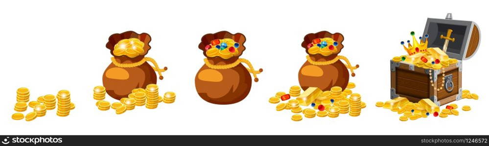 Set of old bags, purses, empty and full of gold, coins, brillants, treasures, chest, for gaming, applications vector isolated. Set of old bags, purses, empty and full of gold, coins, brillants, treasures, chest, for gaming, applications, vector, isolated, cartoon style