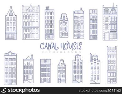 Set of old European houses. Facades of European old buildings in Scandinavian style. Holland homes. Vector line contour illustration.