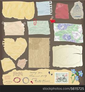 Set of old paper peaces - different aged paper objects, vintage backgrounds and elements