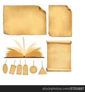 Set of old paper sheets and tags. Vector illustration.