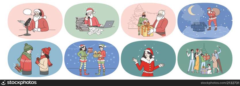 Set of old Santa Claus and elves prepare Christmas present for children on winter holidays. New Year celebration and gifts exchange. Winter holiday magic festive time. Flat vector illustration.. Santa Claus prepare presents on Christmas holiday