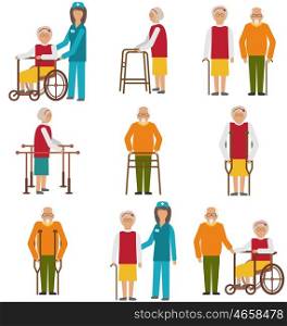 Set of Older People Disabled. Elderly People in Different Situations with Caregivers. Illustration Set of Older People Disabled. Elderly People in Different Situations with Caregivers - Vector