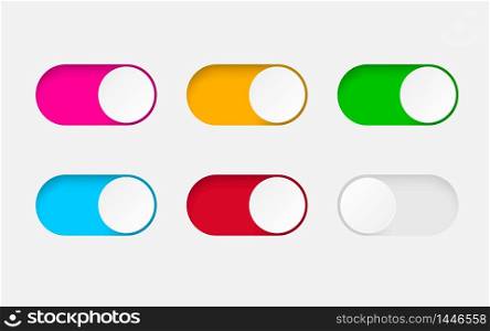 Set of On and Off toggle switch buttons.Design colorful switch buttons set.Toggle slide for mobile app, social media. vector eps10. Set of On and Off toggle switch buttons.Design colorful switch buttons set.Toggle slide for mobile app, social media. vector