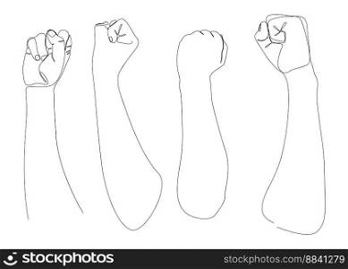 Set of One continuous line of clenched, raised fists, as demonstration. Thin Line Illustration vector concept. Contour Drawing Creative ideas.