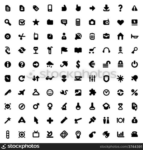 Set of one hundred icons for website interface, business designs, finance, security and leisure. Vector illustration.