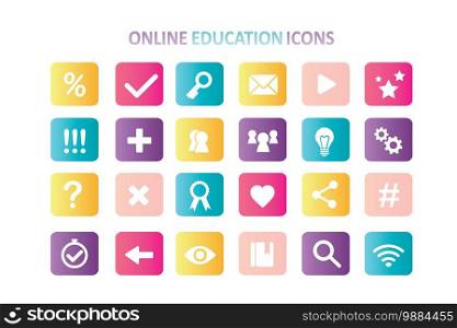 Set of online education icons. 24 icons for e-learning and internet education. Web signs template. Colorful pictograms isolated on white background. Flat vector illustration
