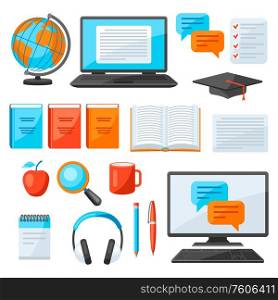 Set of online studying at home items. Distance education. Modern technologies using computer and internet.. Set of online studying at home items. Distance education.