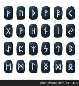 Set of onyx game runes, nordic ancient alphabet, viking celtic futark symbols engraved on black stone pieces. Esoteric occult signs, mystic ui or gui elements, isolated cartoon vector illustration. Set of onyx game runes, nordic ancient alphabet
