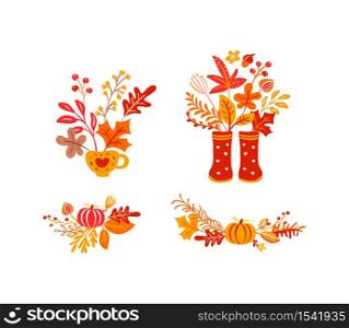Set of orange autumn leaves bouquets with rubber boots. Orange leaves of maple with cup, with pumpkin, with foliage oak, fall nature season poster thanksgiving design.. Set of orange autumn leaves bouquets with rubber boots. Orange leaves of maple with cup, with pumpkin, with foliage oak, fall nature season poster thanksgiving design