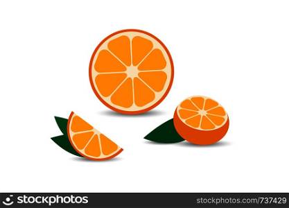Set of Orange in flat design with shadow. Orange slice, half cut orange and front view of cut ripe orange. Vector illustration