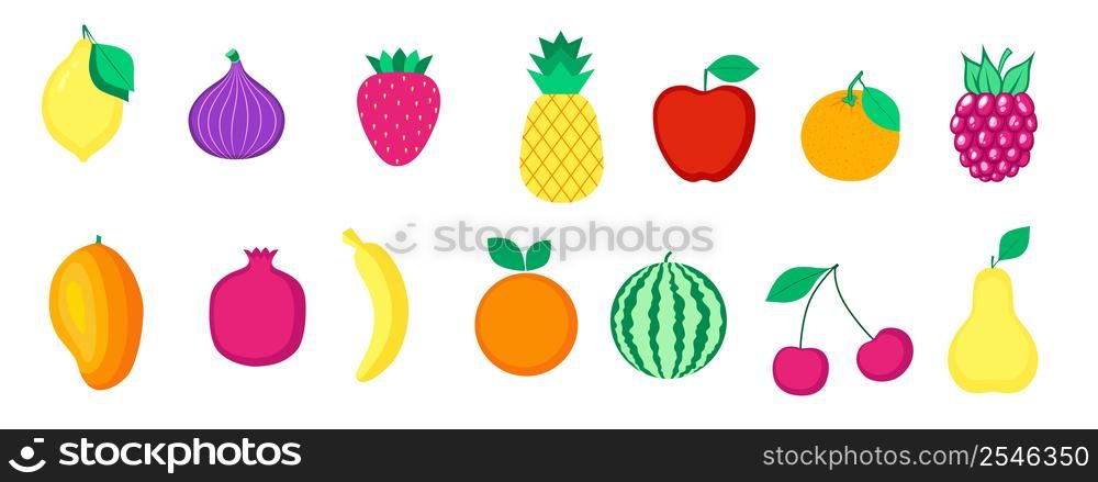 Set of organic fruits and berries isolated on white background. Healthy lifestyle. Vector illustration in flat style.