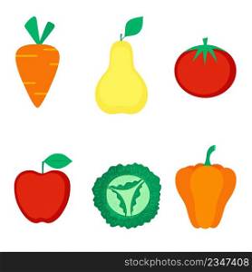 Set of organic fruits, vegetables and berries isolated on white background. Healthy lifestyle. Vector illustration in flat style.