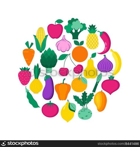 Set of organic fruits, vegetables and berries isolated on white background. Healthy lifestyle. Vector illustration in flat style.