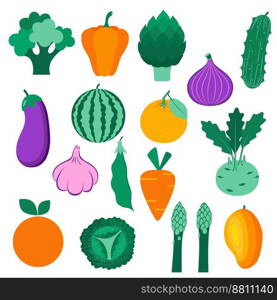 Set of organic fruits, vegetables and berries isolated on white background. Healthy lifestyle. Vector illustration in flat style.