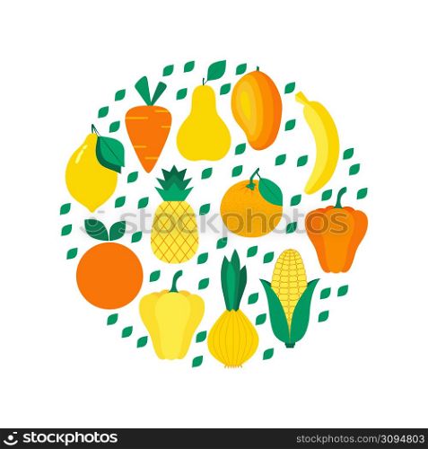 Set of organic fruits, vegetables in yellow and orange color. Healthy lifestyle. Vector illustration in flat style.