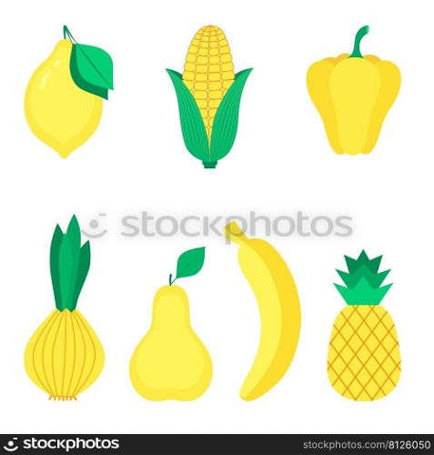 Set of organic fruits, vegetables in yellow color. Healthy lifestyle. Vector illustration in flat style.