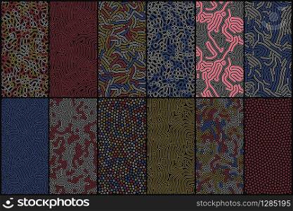 Set of organic seamless patterns with rounded lines, drips. Diffusion reaction background. Linear design with biological shapes. Structure of natural cells, maze, coral. Abstract vector illustration.