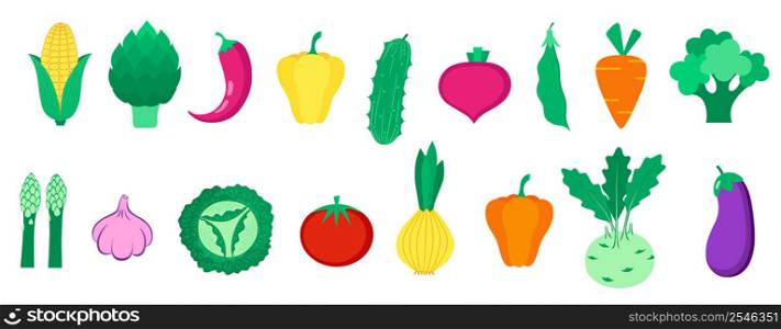 Set of organic vegetables isolated on white background. Healthy lifestyle. Vector illustration in flat style.
