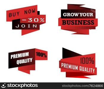Set of origami business icons or labels depicting premium quality, grow your business and a , discount, in red and black on white. Set of business icons or labels