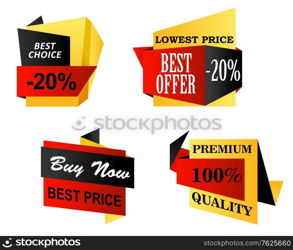 Set of origami business labels depicting lowest price or premium quality, best offer, buy now and a best choice in yellow, black and red isolated over white background