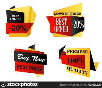 Set of origami business labels depicting lowest price or premium quality, best offer, buy now and a best choice in yellow, black and red isolated over white background