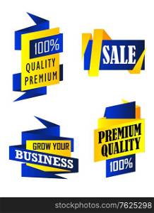 Set of origami labels depicting 100% Quality Premium, Sale and Grow your business in yellow and blue isolated over white background in vertical format. Set of origami labels