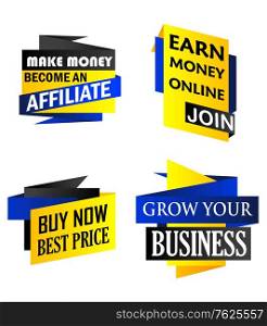 Set of origami labels depicting money making, earn money, buy now and a grow your business in yellow and blue isolated over white background. Set of origami labels