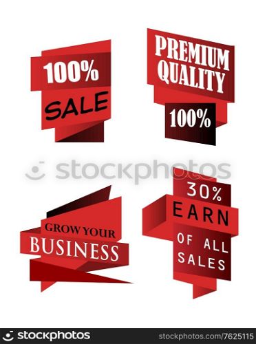 Set of origami labels for business depicting 100% sale, premium quality, grow your business and a discount in red color isolated over white background