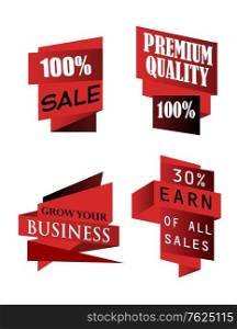Set of origami labels for business depicting 100% sale, premium quality, grow your business and a discount in red color isolated over white background