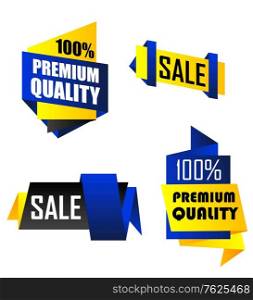 Set of origami web banners and labels depicting 100% Quality Premium and Sale in yellow and blue isolated over white background. Set of origami labels