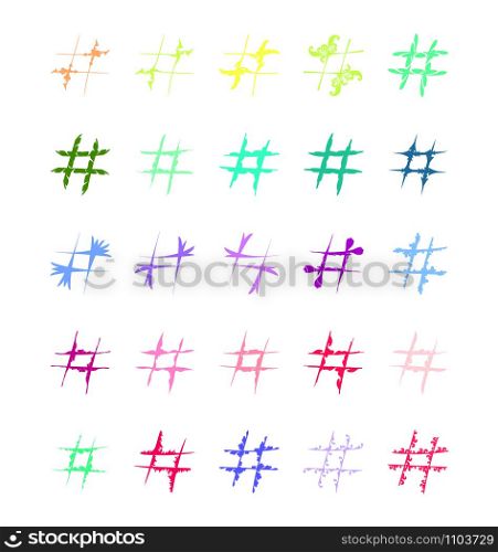 Set of original color Hashtag characters. Template for design and decoration. Flat design. Isolated on white background.