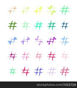 Set of original color Hashtag characters. Template for design and decoration. Flat design. Isolated on white background.