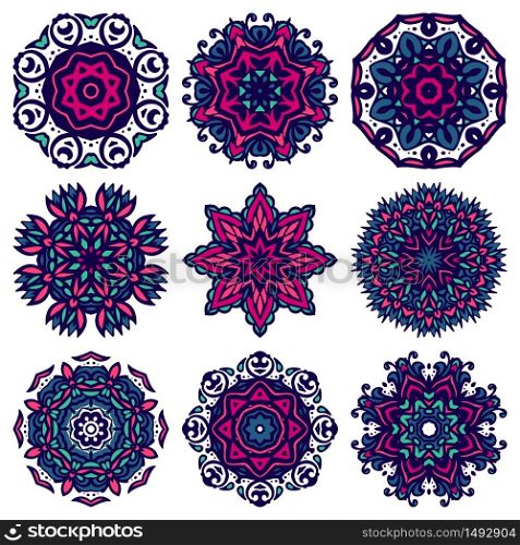 Set of ornamental mandala art flower. Design sing snowflake vector graphic collection. Round ornament pack. Vector Abstract ethnic tribal Floral Mandala ornamental set.