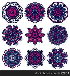 Set of ornamental mandala art flower. Design sing snowflake vector graphic collection. Round ornament pack. Vector Abstract ethnic tribal Floral Mandala ornamental set.
