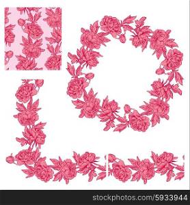 Set of ornaments - decorative floral border, circle frame and seamless pattern with dahlia flowers in red and pink colors, isolated on white background.