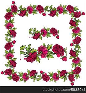 Set of ornaments - decorative hand drawn floral border and frame with dahlia flowers, isolated on white background.