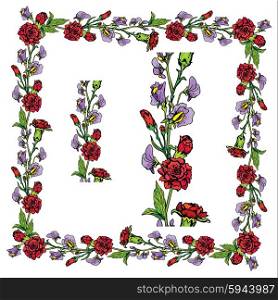 Set of ornaments - decorative hand drawn floral border and frame with clove and sweet pea flowers, isolated on white background.