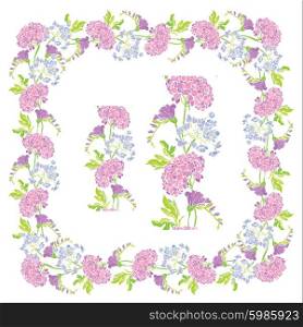 Set of ornaments - decorative hand drawn floral border and frame with sweet pea and gardenia flowers, isolated on white background.