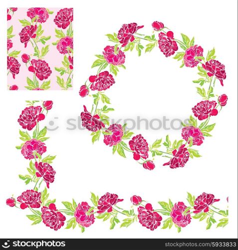 Set of ornaments - decorative hand drawn floral border, circle frame and seamless pattern with dahlia flowers, isolated on white background.