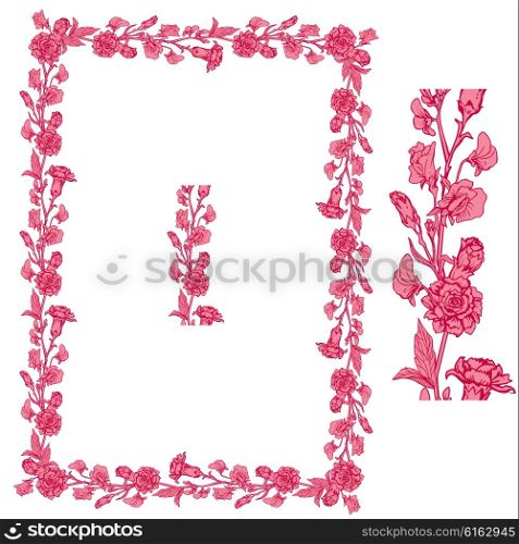 Set of ornaments in pink and red colors - decorative handdrawn floral border and frame with clove and sweet pea flowers, isolated on white background.