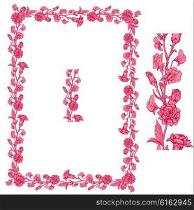 Set of ornaments in pink and red colors - decorative handdrawn floral border and frame with clove and sweet pea flowers, isolated on white background.